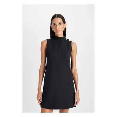 DEFACTO Half Turtleneck Basic Plain Button Sleeveless Mini Black Dress