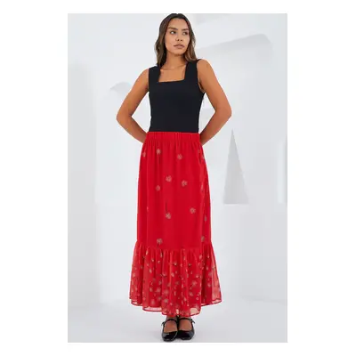 Bigdart Women's Red Patterned Chiffon Skirt