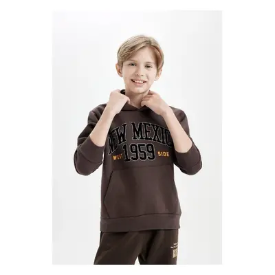 DEFACTO Boy Brown Regular Fit Slogan Printed Hooded Thick Sweatshirt