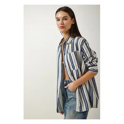 Happiness İstanbul Women's Cream Navy Blue Striped Oversize Knitted Shirt