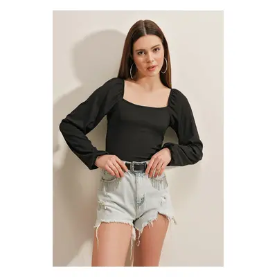 Bigdart Balloon Sleeve Knitted Blouse - Black