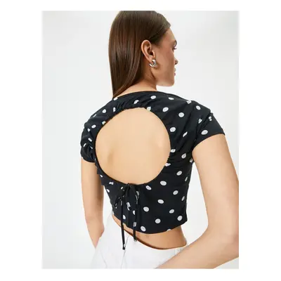 Koton Low-cut Back Polka Dot T-Shirt Crop Bow Detail