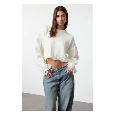 Trendyol Ecru Crop Super Wide Fit Měkký texturovaný pletený svetr