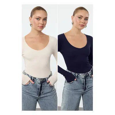 Trendyol Navy Blue-Stone Pack V-Neck Fitted Cotton Stretchy Knitted Blouse