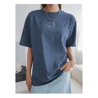 Know Women's Indigo Blue Penguin Printed Oversize T-shirt