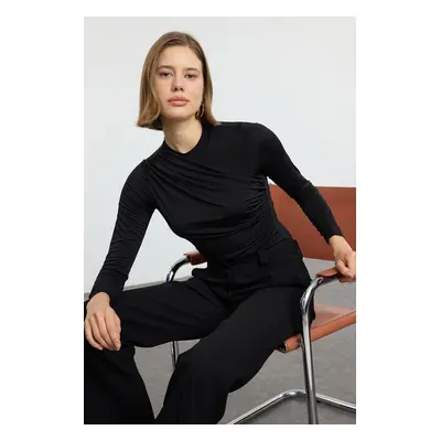 Trendyol Black Gathered/Draped Detailed Fitted/Body-Smoothing Long Sleeve Flexible Knitted Blous