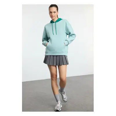 Trendyol Mint Back Printed and Color Block Hooded Oversize/Wide Pattern Knitted Sweatshirt