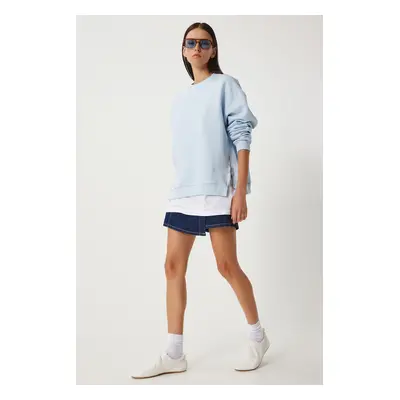 Happiness İstanbul Women's Sky Blue Zipper Detailed Raised Knitted Sweatshirt