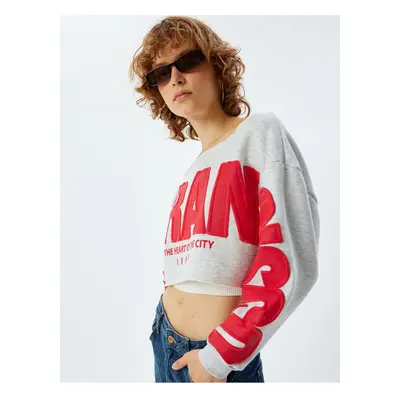 Koton Crop Oversize Sweatshirt Embroidered Slogan Boat Neck