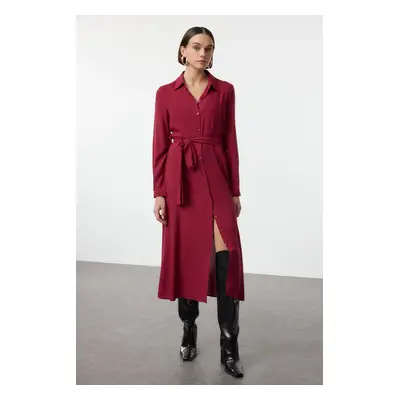 Trendyol Burgundy Belted Viscose Midi Woven Dress