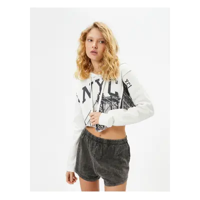 Koton Crop Hooded Sweatshirt Slim Fit Asymmetric Cut Printed