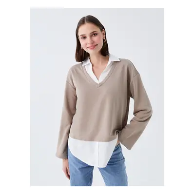 LC Waikiki Women's Shirt Collar Plain Long Sleeve Oversize Sweatshirt