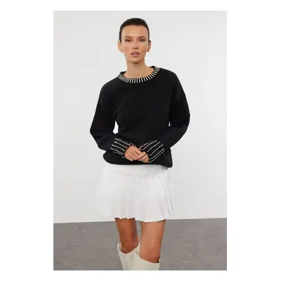 Trendyol Black Soft Textured Stone Embroidered Knitwear Sweater