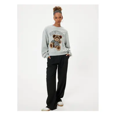 Koton Crew Neck Sweatshirt Oversize Bear Embroidered Slogan Raised