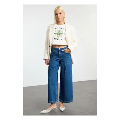 Trendyol Blue Pleated High Waist Wide Leg Jeans