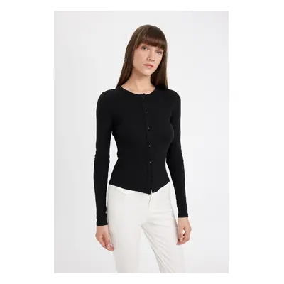 DEFACTO Slim Fit Slim Cut Basic Plain Crew Neck Buttoned Ribbed Camisole Cardigan