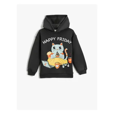 Koton Hooded Sweatshirt Cat Printed Long Sleeve Ribbon