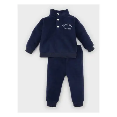 DEFACTO Baby Boy 2-Piece Set Stand Collar Buttoned Printed Polar Fleece Sweatshirt Sweatpants