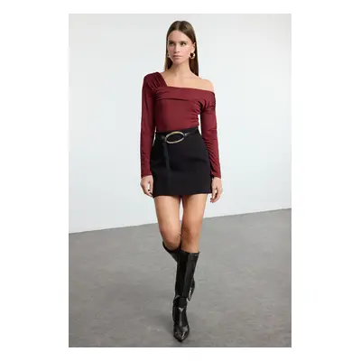 Trendyol Claret Red Asymmetric Collar Fitted/Fits the Body Snap Flexible Knitted Bodysuit