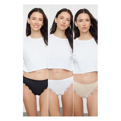 Trendyol Black-White-Skin Pack Cotton Thong Knitted Panties