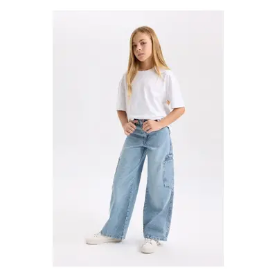 DEFACTO Girl's Wide Leg Cargo Pocket Wide Leg Jean Pants