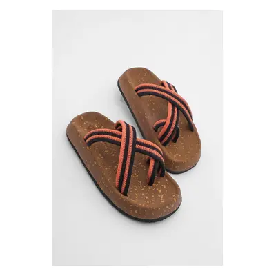 Marjin Men's Cork Sole Patterned Cotton Rope Flip Flops Cross Band Daily Slippers Sediv Orange