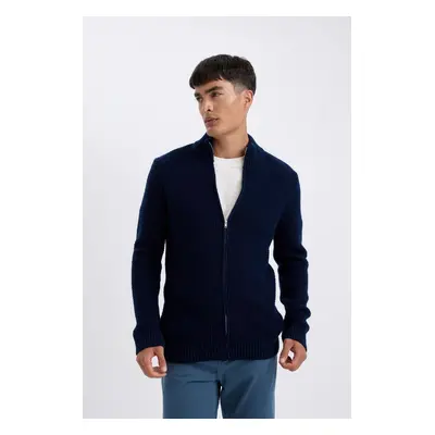 DEFACTO Navy Blue Standard Fit Regular Cut Half Turtleneck Zippered Knitwear Cardigan