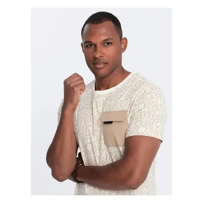 Ombre Men's cotton t-shirt with letter print and pocket - cream and brown