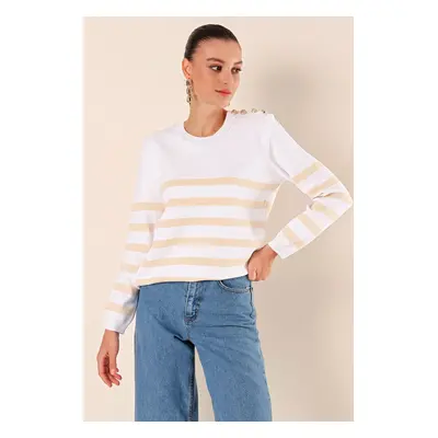 Bigdart Button Detail Striped Sweater - C. Beige