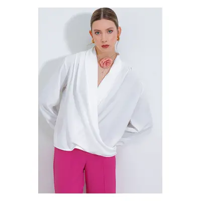 Bigdart Women's White Double Breasted Collar Flowing Satin Blouse