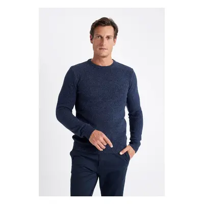 DEFACTO Navy Blue Standard Fit Regular Cut Crew Neck Textured Basic Plain Knitwear Sweater