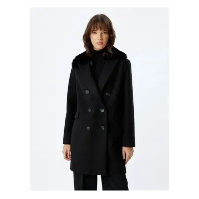 Koton Long Stamp Coat with Removable Faux Für Collar and Pockets