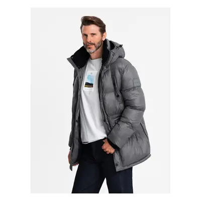 Ombre Men's long puffer jacket with snap pockets - graphite