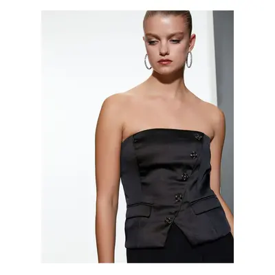 Koton Satin Strapless Evening Dress Blouse with Button Detail