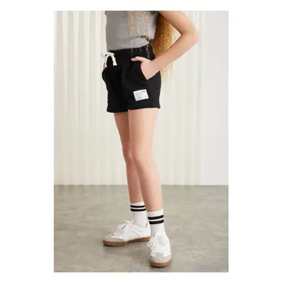 GRIMELANGE AMARE-GRM24037 100% cotton yarn ornamental labeled girls' shorts Black Shorts