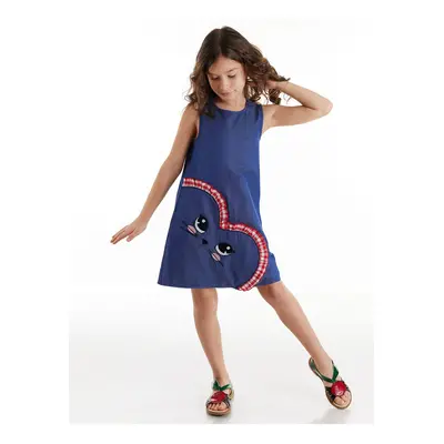 Denokids Cat Love Girl's Woven Navy Blue Summer Dress