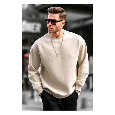 Madmext Beige Crew Neck Oversized Men's Charcoal Basic Sweatshirt