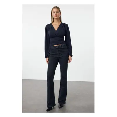 Trendyol Navy Blue Double Breasted Gathered/Drape Detailed Long Sleeve Flexible Knitted Blouse