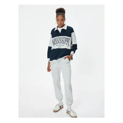 Koton Oversize Sweatshirt College Printed Polo Neck Color Blocked