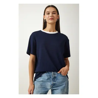 Happiness İstanbul Women's Navy Blue Crew Neck Knitted T-Shirt