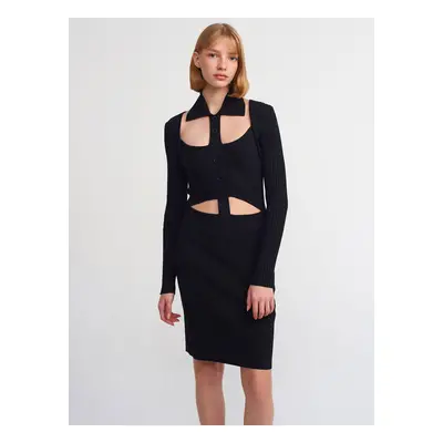 Dilvin Polo Collar Buttoned Knitwear Dress-Black