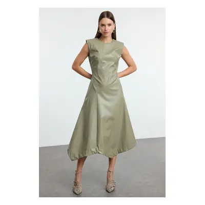 Trendyol Khaki Faux Leather Padded Midi Woven Dress