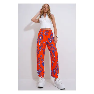 Trend Alaçatı Stili Women's Orange Elastic Waist Patterned Woven Viscose Trousers