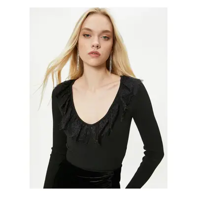 Koton Knitwear Sweater V Neck Lace Ribbed - Handmade Collection