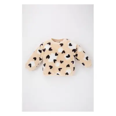 DEFACTO Baby Girl Regular Fit Crew Neck Heart Patterned Welsoft Plush Sweatshirt