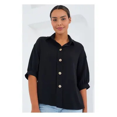 Bigdart Women's Black Short Sleeve Oversize Linen Shirt