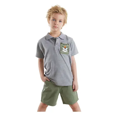 Denokids Tiger Boy Summer Polo Neck T-shirt Gabardine Shorts Set