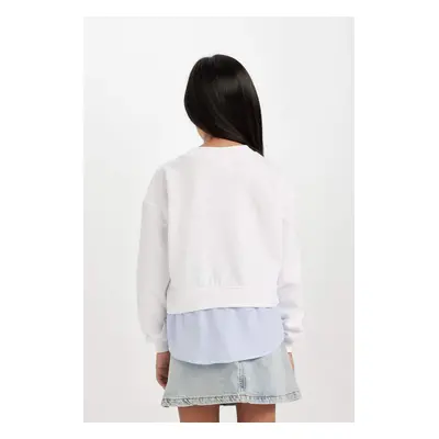 DEFACTO Girl White Relax Fit Crew Neck Button Detail Sweatshirt