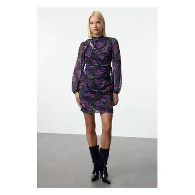 Trendyol Purple Floral Fitted/Fits Body Standing Neck Mini Lined Chiffon Woven Winter Dress