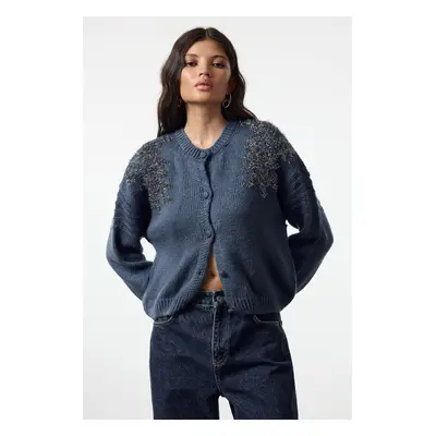 Trendyol Indigo Oversize/Wide Pattern Soft Texture Shiny Glitter Embroidered Knitwear Cardigan